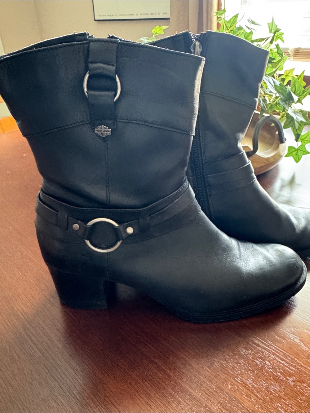 Harley Davidson Black Women's Mid-Calf Heeled Boots with Ring Accent